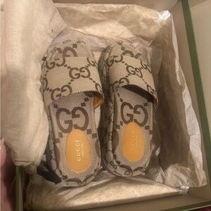 Gucci Angelina GG Canvas Flatform Slide Sandals